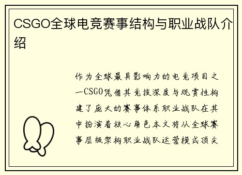 CSGO全球电竞赛事结构与职业战队介绍